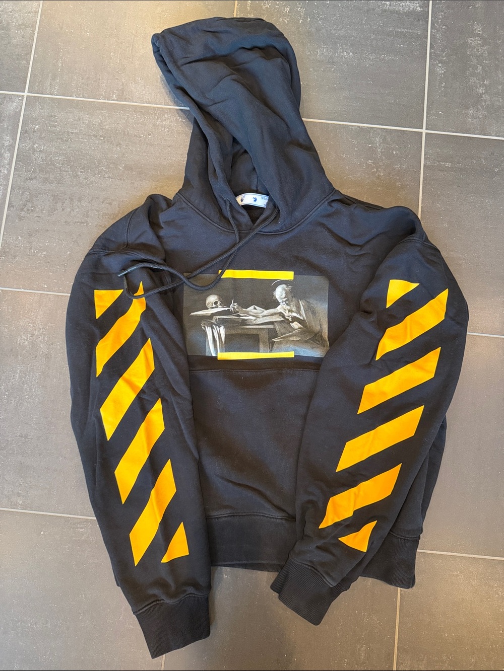 Off-White Black Hoodie with Yellow Chevron Sleeve Stripes
